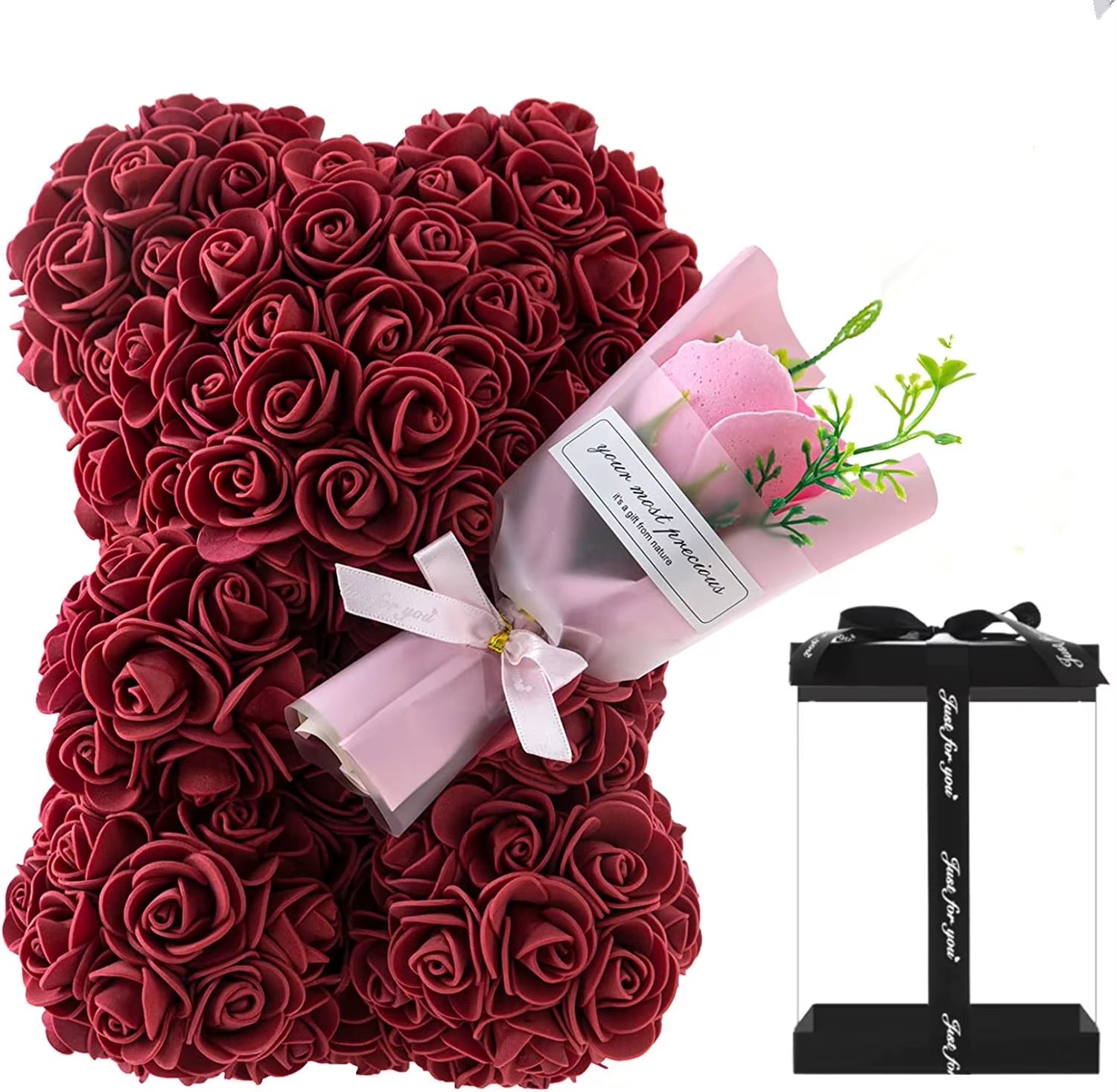 1Pc 25Cm Rose Bear with Flower Bouquet Artificial Foam Flowers Bear Romantic Creative Gifts for Valentines Day Anniversary Gift