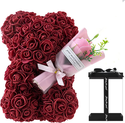1Pc 25Cm Rose Bear with Flower Bouquet Artificial Foam Flowers Bear Romantic Creative Gifts for Valentines Day Anniversary Gift